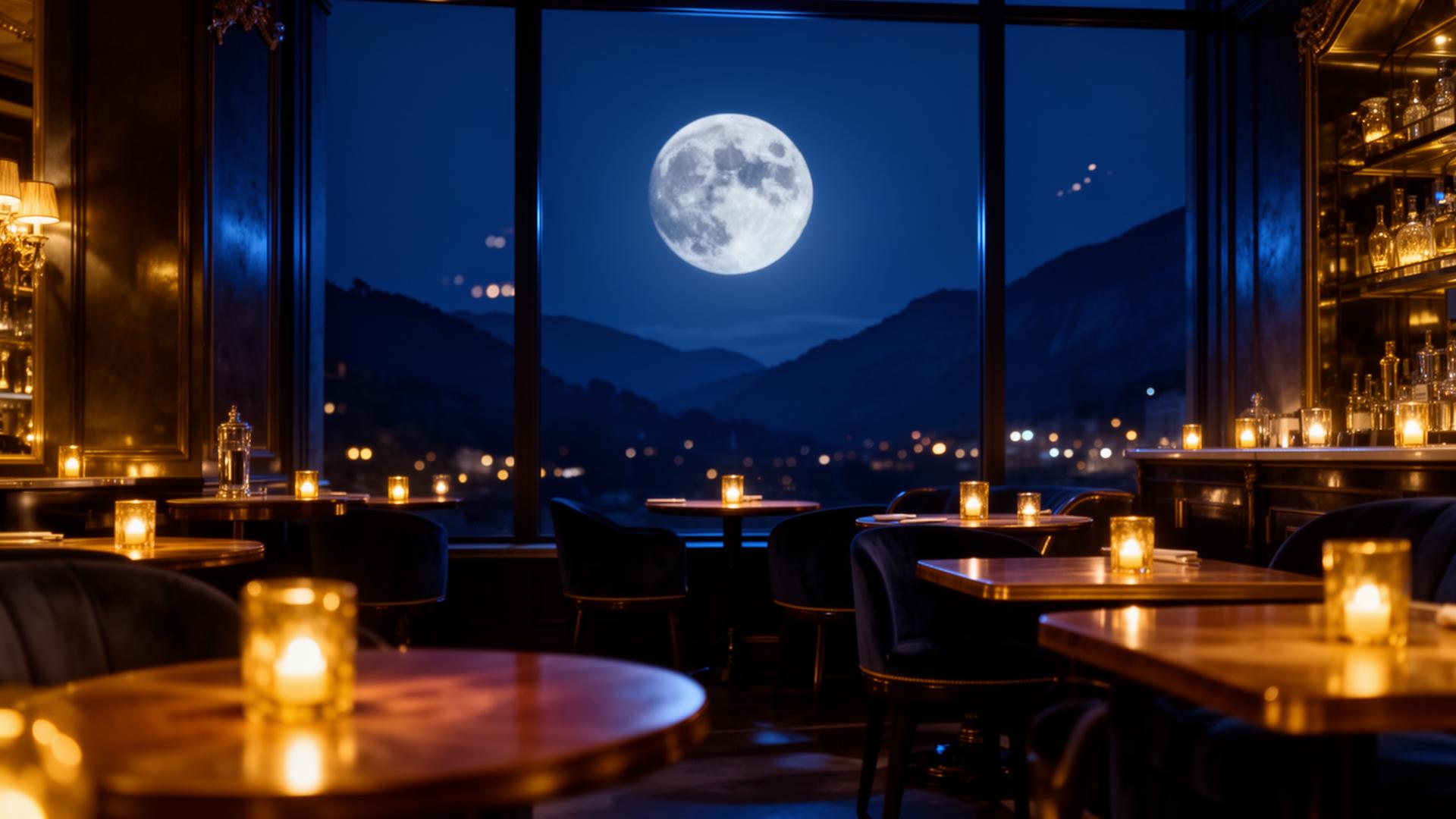 Moonlit interior of Moon Cafe